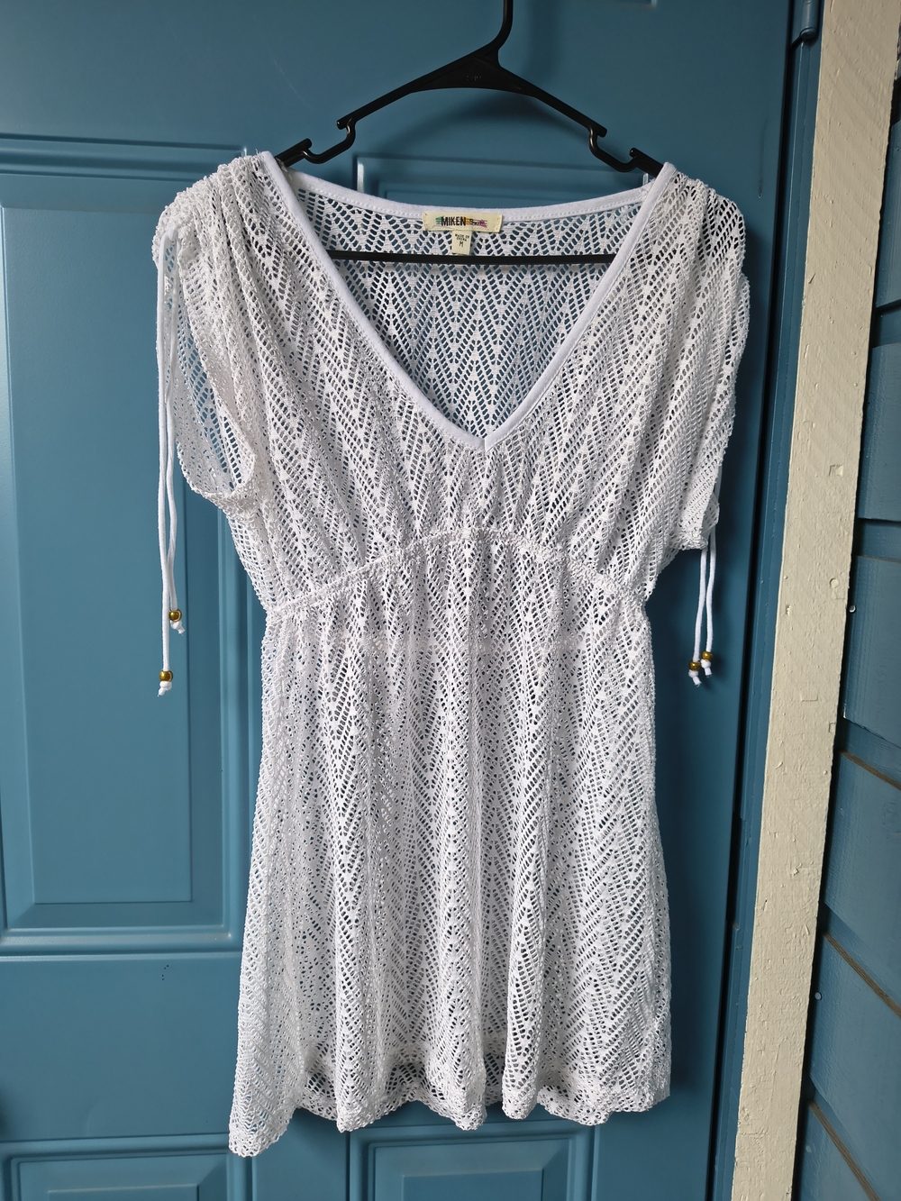 Miken White Crochet V‑Neck Swim Coverup with Drawstring Sleeves